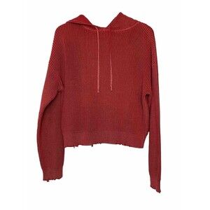 RtA Womens Medium Ruby Red Marvin Distressed Crop Chunky Knit Hoodie Sweater